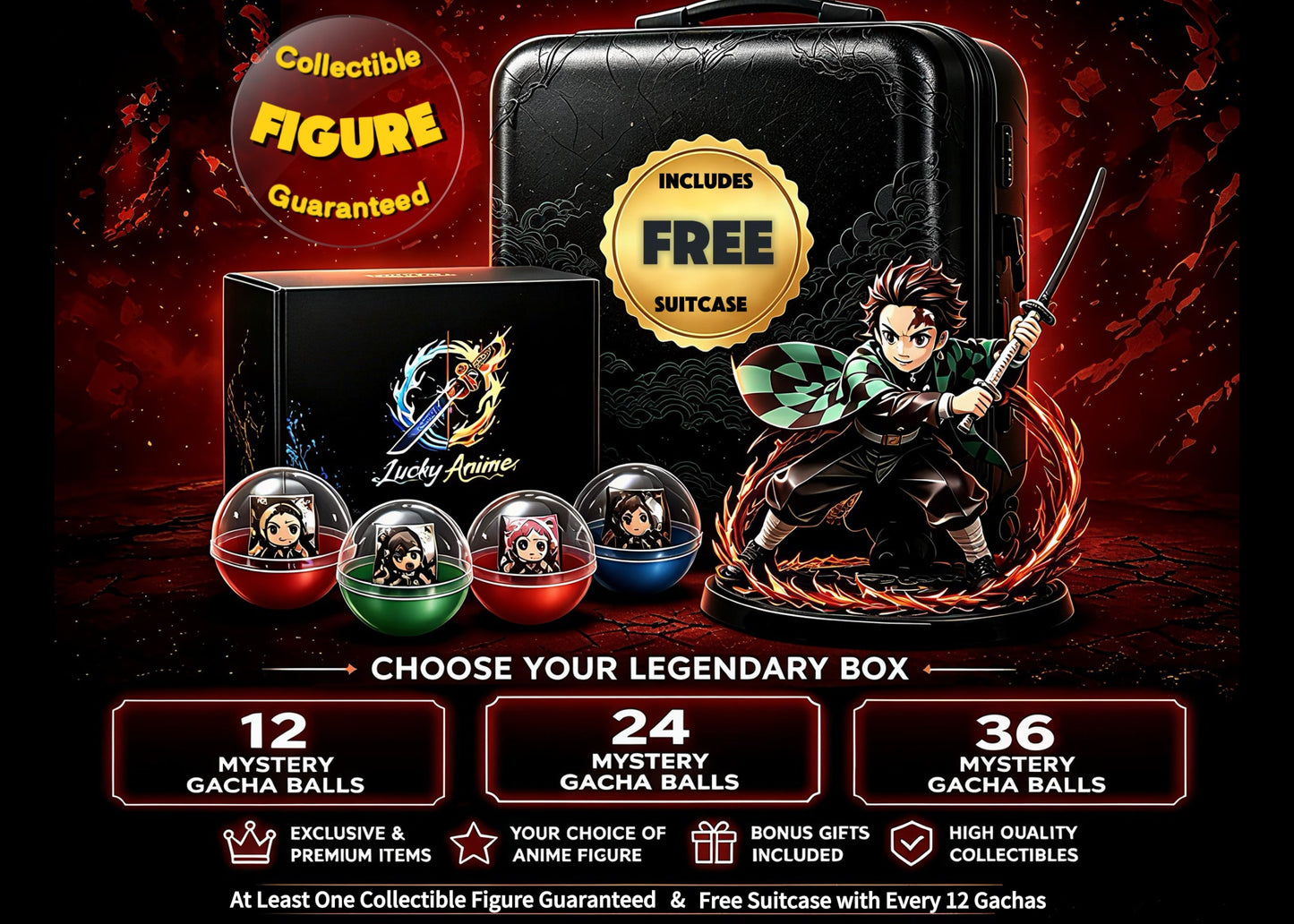 Promotional image of Lucky Anime Legendary Mystery Box with collectible figure and suitcase on a dark background.